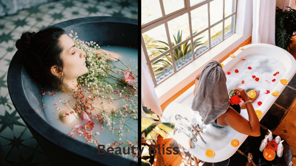 A soothing body bath setup with natural skincare products, candles, and bubbles for a relaxing spa-like experience.